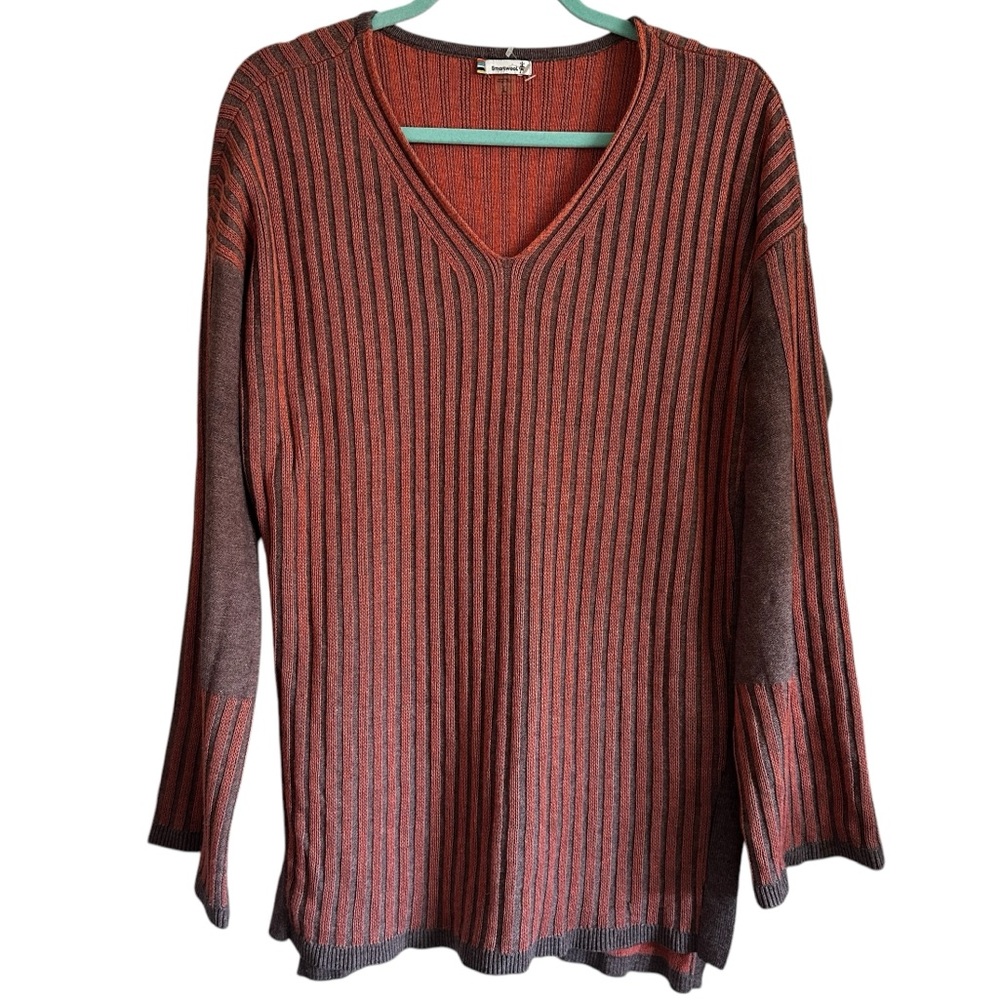 Smartwool Woman's Size L Orange/Gray V-Neck Long Sleeve Sweater Ribbed Stretch